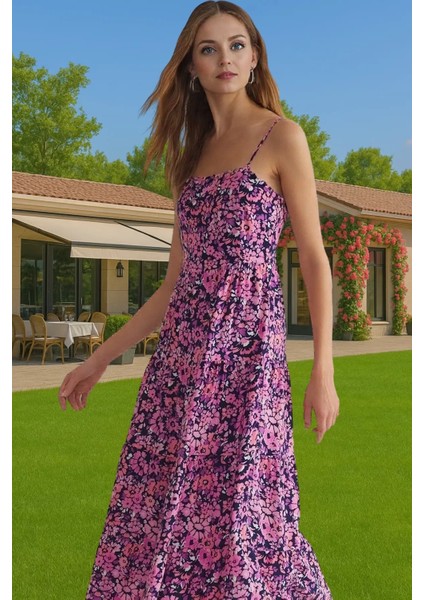 Yazlık Çiçek Desenli A Kesim Midi Viskoz Elbise Rahat Günlük Stil Günlük Kullanım Için