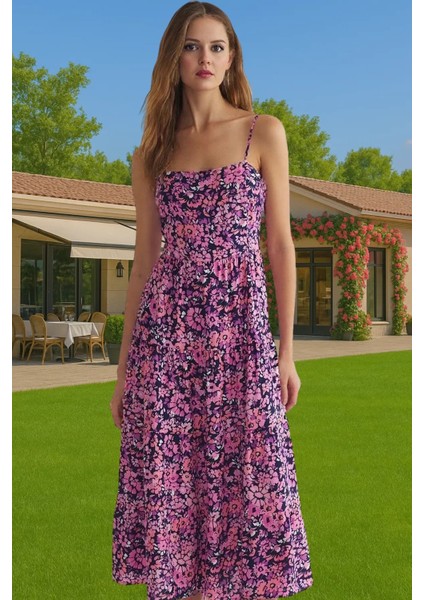 Yazlık Çiçek Desenli A Kesim Midi Viskoz Elbise Rahat Günlük Stil Günlük Kullanım Için fiyatları