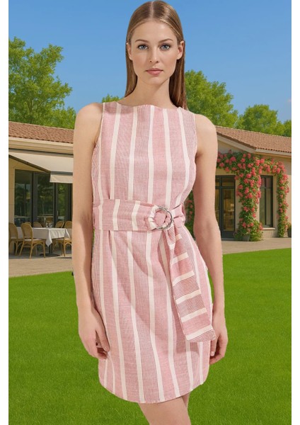 Şık Keten Dokulu Çizgili Mini Elbise Kemerli Viskoz Karışımlı Yazlık Özel Tasarım Modern Stil fiyatları