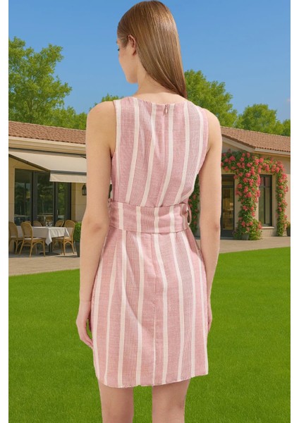 Şık Keten Dokulu Çizgili Mini Elbise Kemerli Viskoz Karışımlı Yazlık Özel Tasarım Modern Stil modelleri