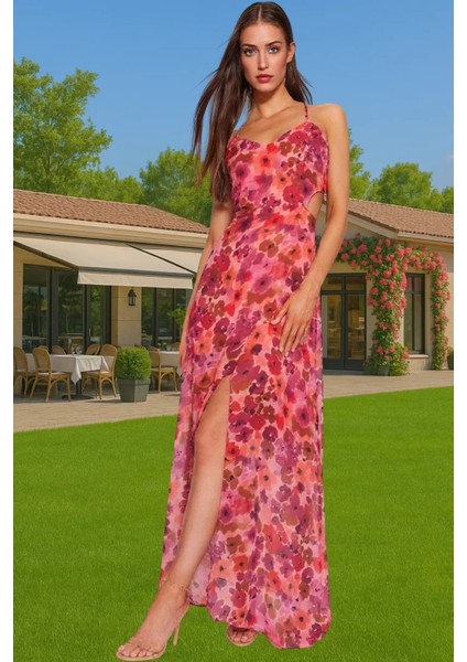 A Line Şifon Maxi Elbise Çiçek Desenli V Yaka Yazlık Elbise Seçkin Malzeme Zarifane Tasarım fiyatları