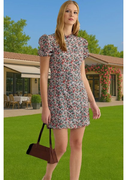Çiçekli A Kesim Mini Elbise Polyester Moss Krep Yazlık Günlük Konforlu Kesim Şık Görünüm
