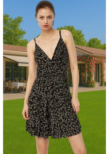 Kadın Mini A Line Örme Elbise Çiçekli Desen Polyester Yazlık Konforlu Kesim Premium Kalite