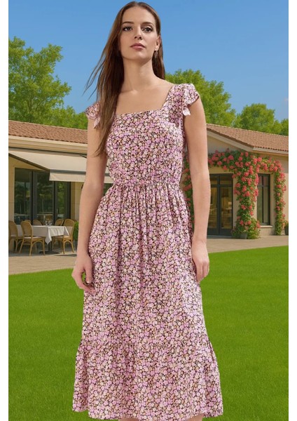 Çiçek Desenli A Kesim Midi Viskoz Elbise Büzgülü Kolsuz Yazlık Dayanıklı Malzeme Profesyonel Görünüm fiyatları