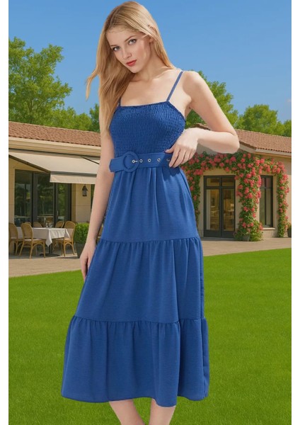 Kadın Midi Boy Askılı Pileli Bel Kemerli Polyester Günlük Elbise Profesyonel Görünüm Özenle Seçilmiş