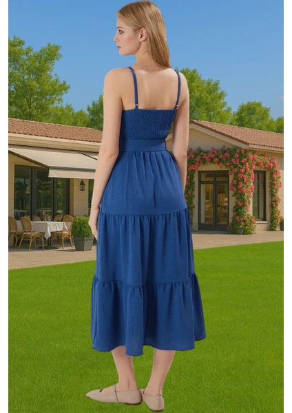 Kadın Midi Boy Askılı Pileli Bel Kemerli Polyester Günlük Elbise Profesyonel Görünüm Özenle Seçilmiş
