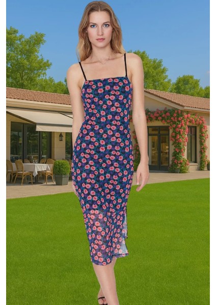 Midi Boy Baskılı Örme Tül Elbise Esnek Kalıp Kare Yaka Yüksek Kalite Kaliteli Işçilik