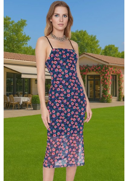 Midi Boy Baskılı Örme Tül Elbise Esnek Kalıp Kare Yaka Yüksek Kalite Kaliteli Işçilik fiyatları