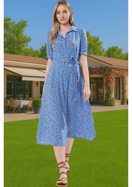 Kadın Midi Boy Gömlek Elbise Animal Desenli Viskoz Kumaş Günlük Stil Modern Stil