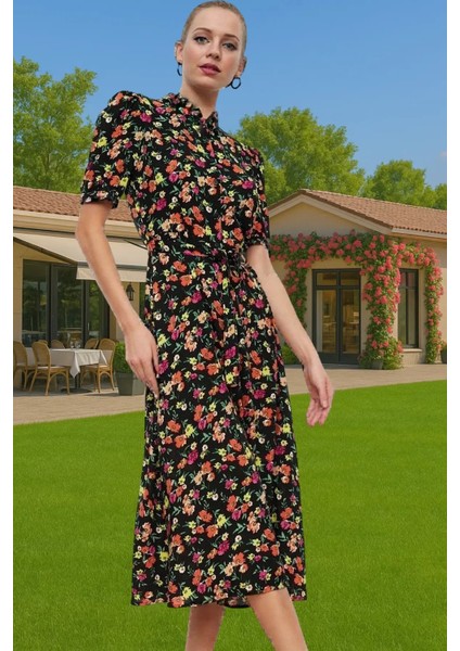 Kadın Midi Boy Gömlek Elbise Animal Desenli Viskoz Kumaş Günlük Stil Modern Stil