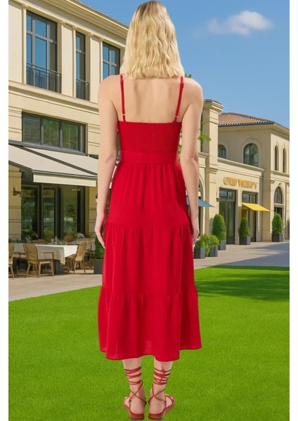 Kadın Midi Boy Askılı Pileli Bel Kemerli Polyester Günlük Elbise Profesyonel Görünüm Özenle Seçilmiş