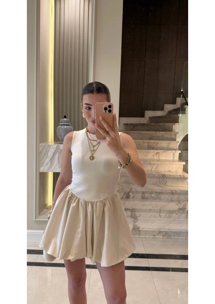 Kadın Krem Balon Etek Mini Elbise – Şık Kolsuz Model, Günlük & Davetlik