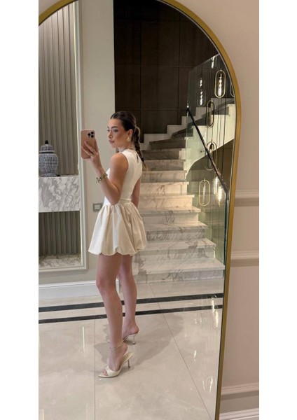 Kadın Krem Balon Etek Mini Elbise – Şık Kolsuz Model, Günlük & Davetlik fiyatları