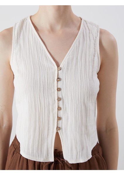 Yeni Sezon V Yaka Dokulu Muslin Bluz - S5ME00Z8