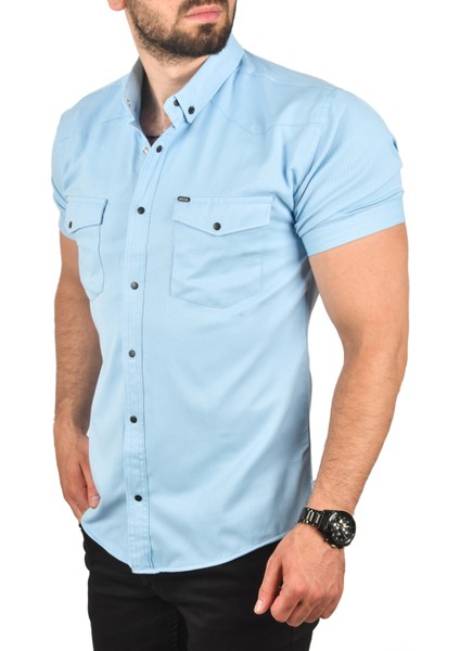 Slim Fit Pamuklu Likralı Kısa Kol Gömlek Kolay Ütülenebilir Çıt Çıtlı Cepli Spor Gömlek 2400253