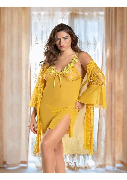 Aria's Closet Gold Transparan Dantel Işlemeli Yırtmaçlı 2'li Tül Gecelik Takımı