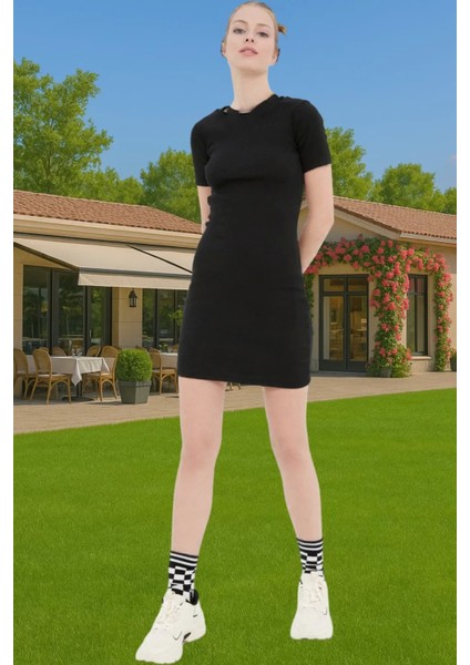 Kadın Mini Boy Siyah Örme Elbise Esnek Kalıp Rahat Günlük Mükemmel Uyum Seçkin Malzeme Trend Tasarım