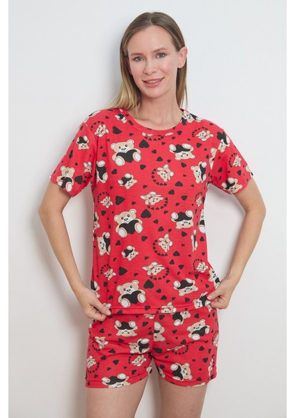 Ayıcık Desenli Bisiklet Yaka Şortlu Pijama Takımı