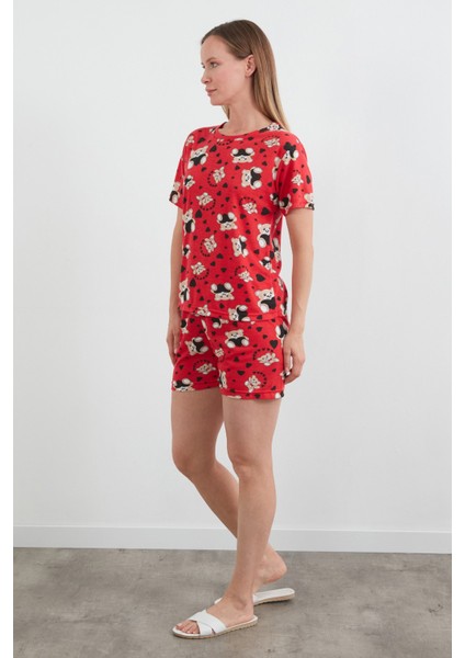 Ayıcık Desenli Bisiklet Yaka Şortlu Pijama Takımı