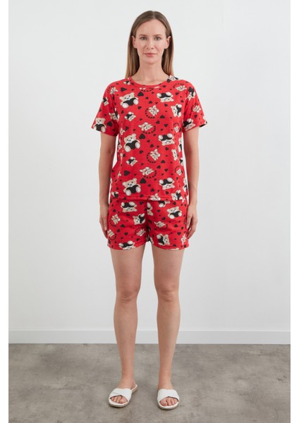 Ayıcık Desenli Bisiklet Yaka Şortlu Pijama Takımı