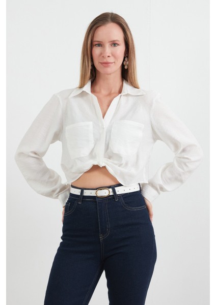 Önü Düğümlü Cepli Crop Gömlek