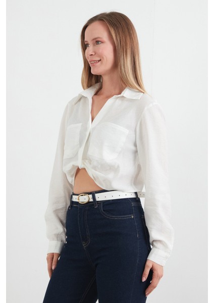 Önü Düğümlü Cepli Crop Gömlek fiyatları