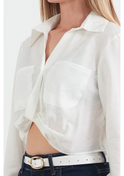 Önü Düğümlü Cepli Crop Gömlek indirimleri