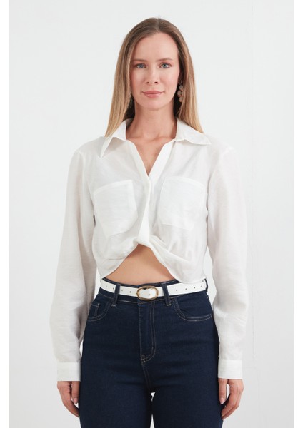 Önü Düğümlü Cepli Crop Gömlek