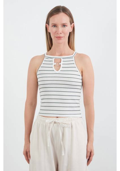 Çizgili Halka Detaylı Halter Yaka Body