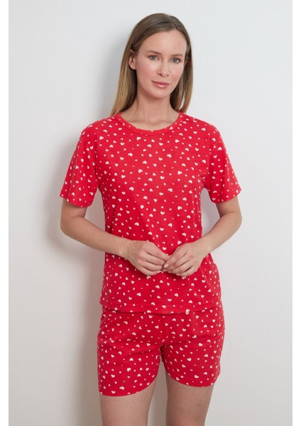 Kalp Baskılı Bisiklet Yaka Şortlu Pijama Takımı