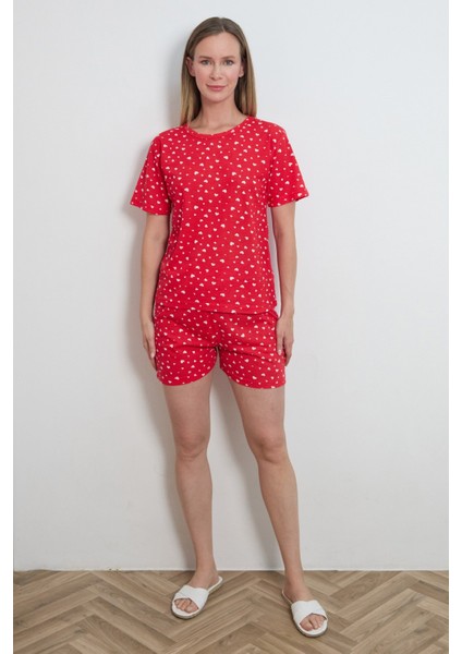 Kalp Baskılı Bisiklet Yaka Şortlu Pijama Takımı