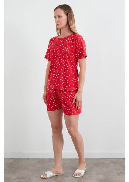 Kalp Baskılı Bisiklet Yaka Şortlu Pijama Takımı