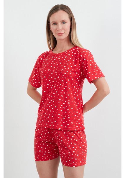 Kalp Baskılı Bisiklet Yaka Şortlu Pijama Takımı