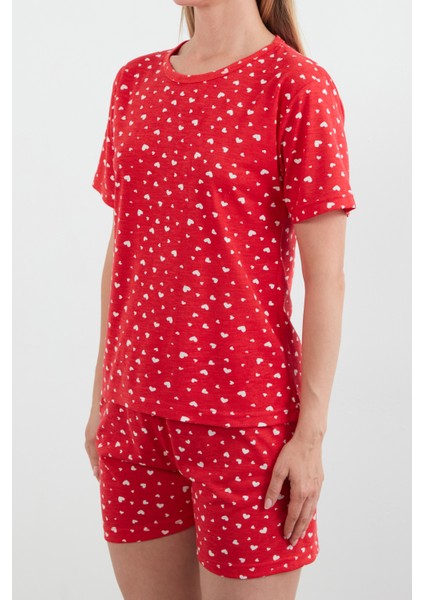 Kalp Baskılı Bisiklet Yaka Şortlu Pijama Takımı