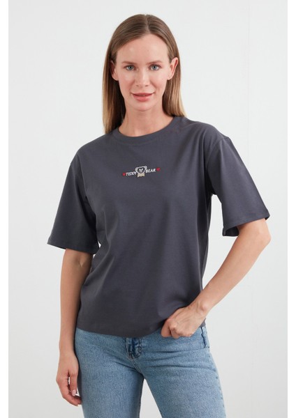 Teddy Bear Yazı Nakışlı Bisiklet Yaka Tişört