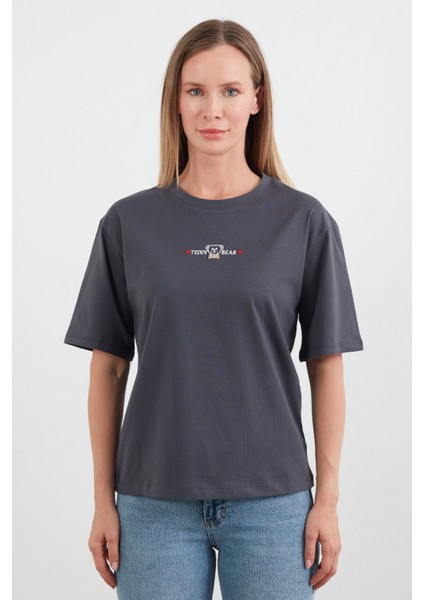 Teddy Bear Yazı Nakışlı Bisiklet Yaka Tişört