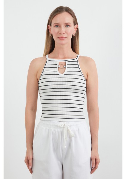 Çizgili Halka Detaylı Halter Yaka Body