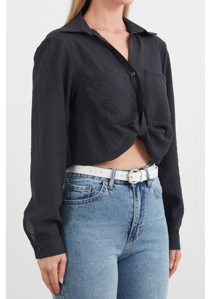 Önü Düğümlü Cepli Crop Gömlek indirimleri