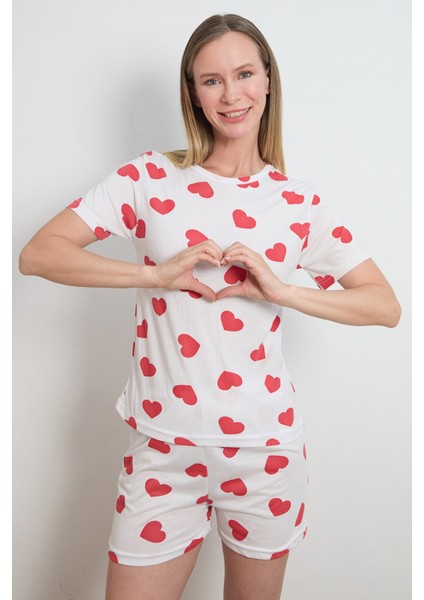 Kalp Baskılı Bisiklet Yaka Şortlu Pijama Takımı