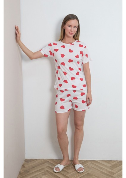 Kalp Baskılı Bisiklet Yaka Şortlu Pijama Takımı
