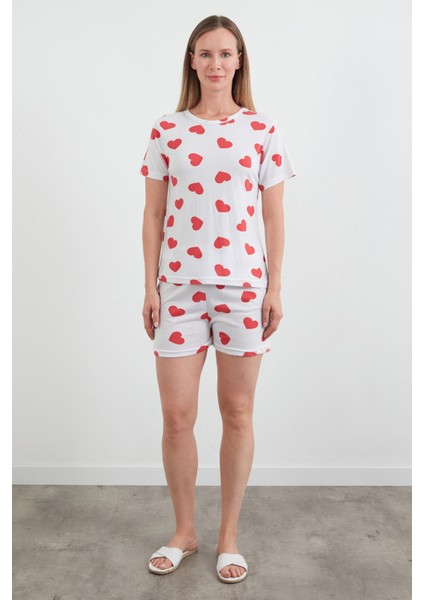 Kalp Baskılı Bisiklet Yaka Şortlu Pijama Takımı