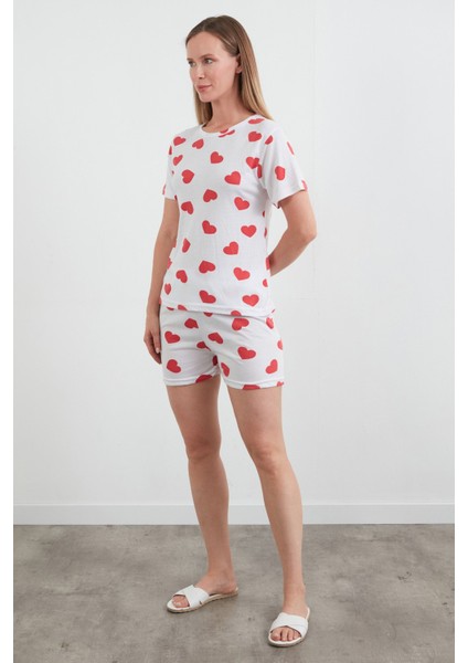 Kalp Baskılı Bisiklet Yaka Şortlu Pijama Takımı