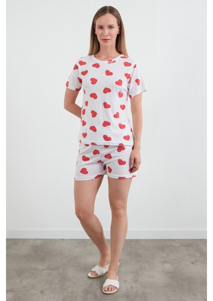 Kalp Baskılı Bisiklet Yaka Şortlu Pijama Takımı