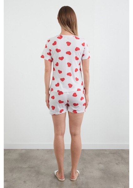 Kalp Baskılı Bisiklet Yaka Şortlu Pijama Takımı