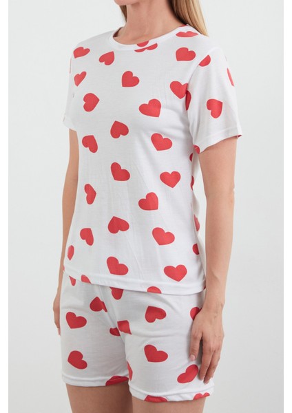 Kalp Baskılı Bisiklet Yaka Şortlu Pijama Takımı