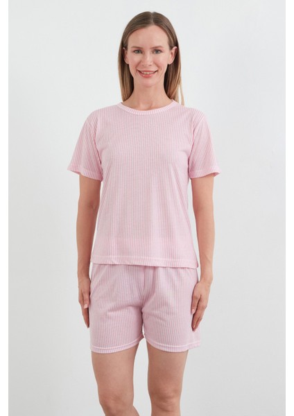 Ince Çizgili Bisiklet Yaka Şortlu Pijama Takımı