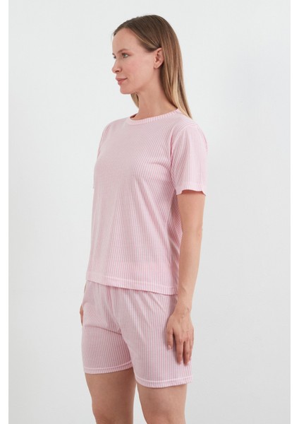 Ince Çizgili Bisiklet Yaka Şortlu Pijama Takımı
