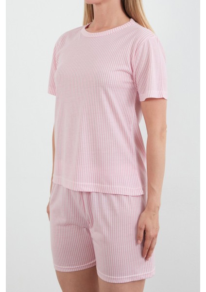 Ince Çizgili Bisiklet Yaka Şortlu Pijama Takımı