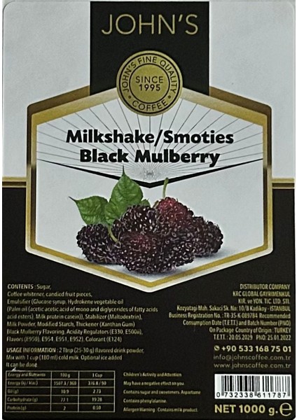 John's Karadut Milkshake Tozu 250 gr fiyatları
