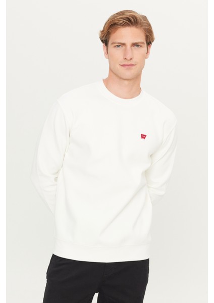 Regular Fit Normal Kesim Bisiklet Yaka Kırık Beyaz Sweatshirt